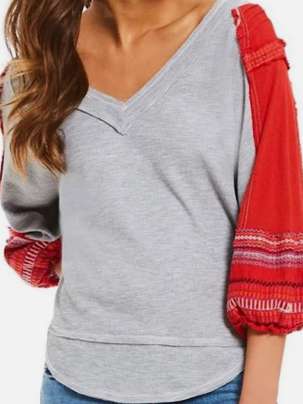Free People We The Free Gray Top with Red Contrast Balloon Sleeves Size S